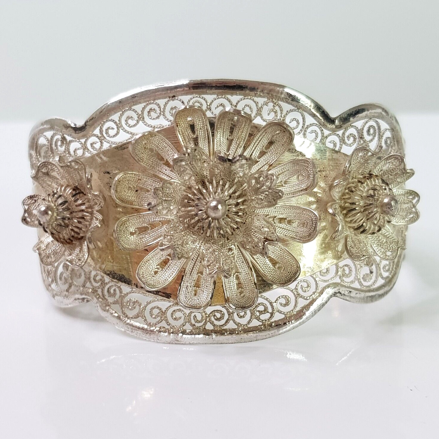 Vintage 900 Solid Silver Filigree Cuff Bangle Flo… - image 1
