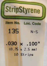 EVERGREEN 135 STYRENE STRIPS .030 X .100 10 ea 