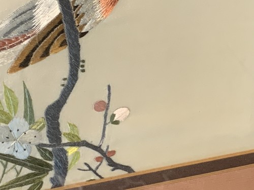 Vintage Set 2 Framed Silk Japanese Embroidery Artwork 23 X 18 Birds Nature - Picture 10 of 17
