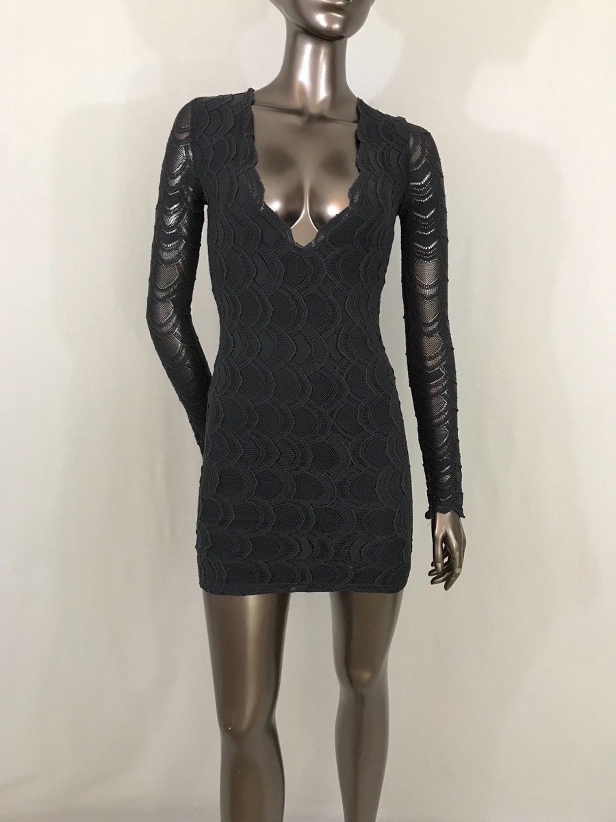 Nightcap Clothing victorian lace V-neck long sleeves gray dress mini size S