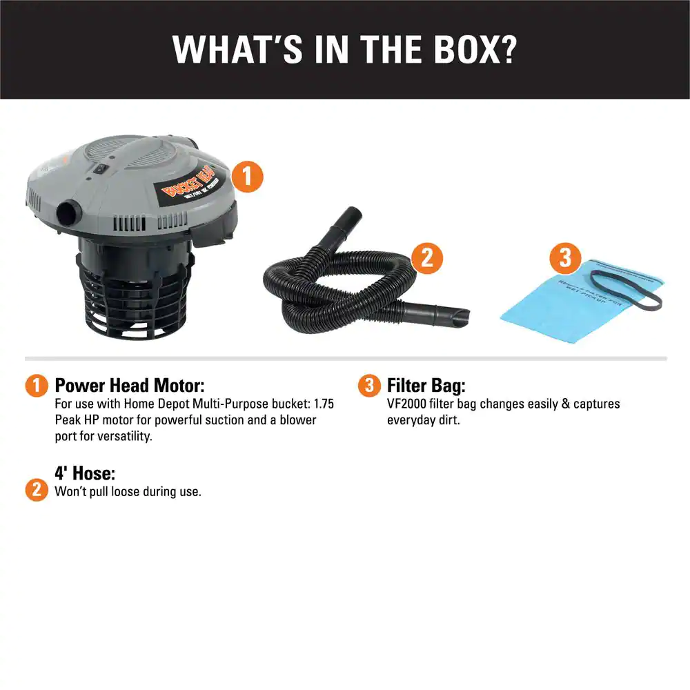 Wet/Dry Shop Vacuum Powerhead with Filter Bag and Hose for Homer Bucket
