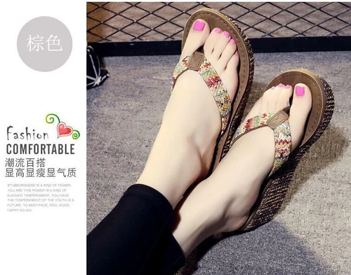 Damenschuhe Keilabsatz hoher Absatz Zehenstegsandalen Sommer Hausschuhe Freizeit Flip Flops - Bild 9 von 11