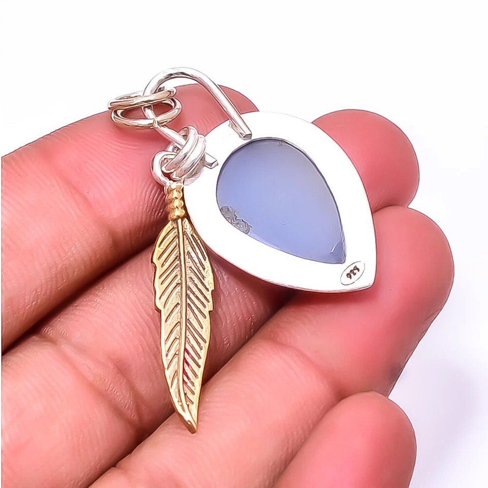 Colgante Eléctrico Azul Titanio Ágata Drusy Plata de Ley 925 Dos Tonos 1.95" P0 Foto 2 de 3
