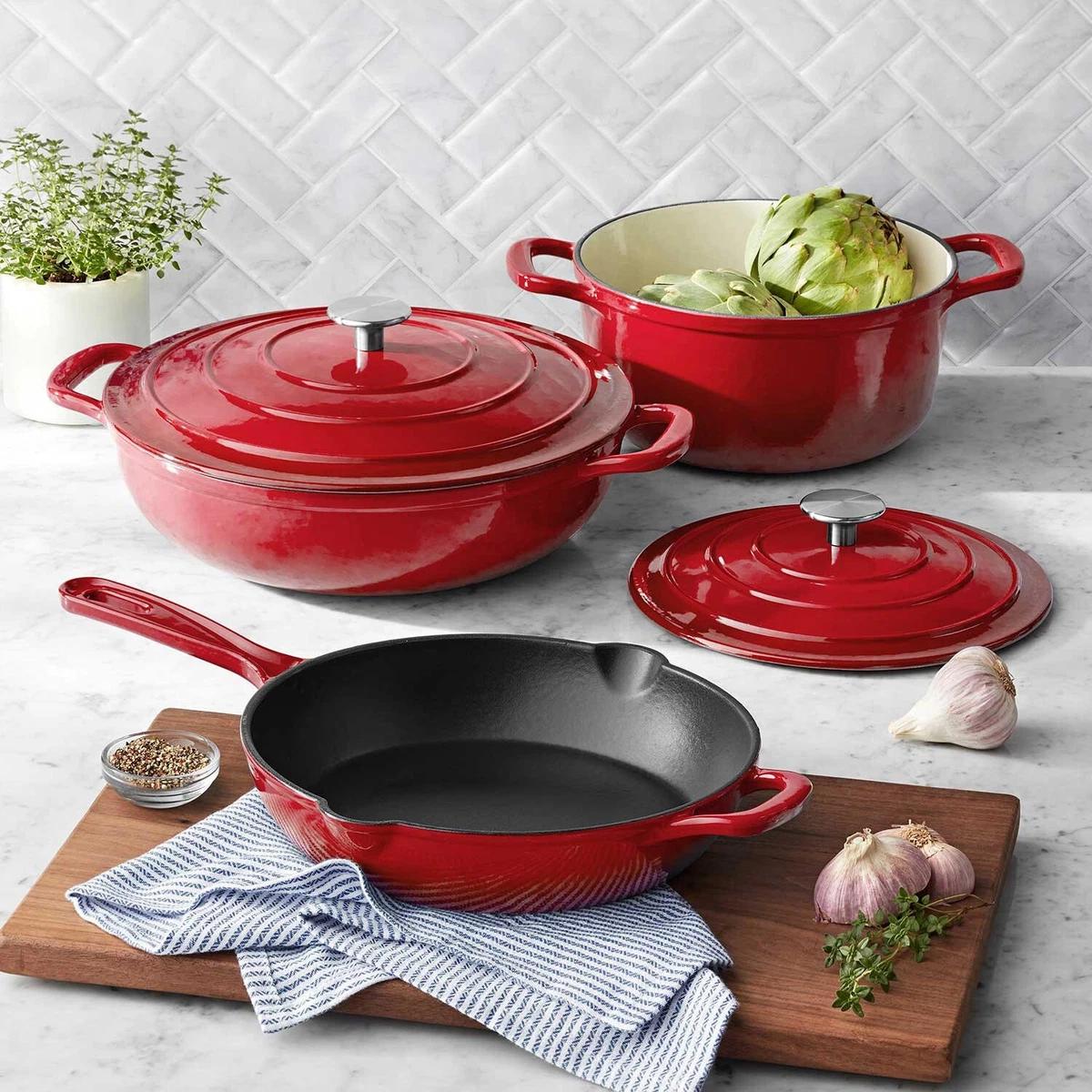 5 Piece Enamel Cast Iron Set Red Cooking 10 Skillet 4 Qt Dutch Oven Lid  Durable