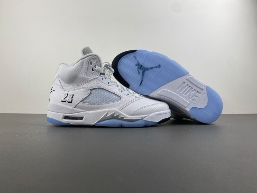 Jordan Air Jordan 5 White Ice Blue High Top Men's Leather Sneaker Athletic Shoes