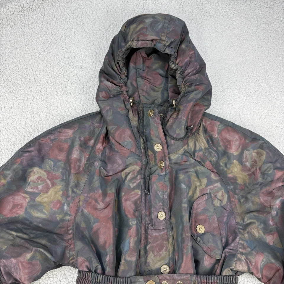 Chaqueta de esquí vintage Fera SkiWear para mujer talla 6 negra roja floral con cinturón cremallera completa Foto 4 de 4