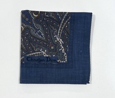 Handkerchief Man Christian Dior Blue Gray Paisley Pocket Square Cotton 18  