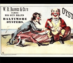 RARE Uncle Sam Big Gun Brand Baltimore Oysters Barnes John Bull Trade Card j.US