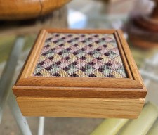 Vintage 7" X 7" Jewelry Box wood with folk Art tapestry top needlepoint cushion