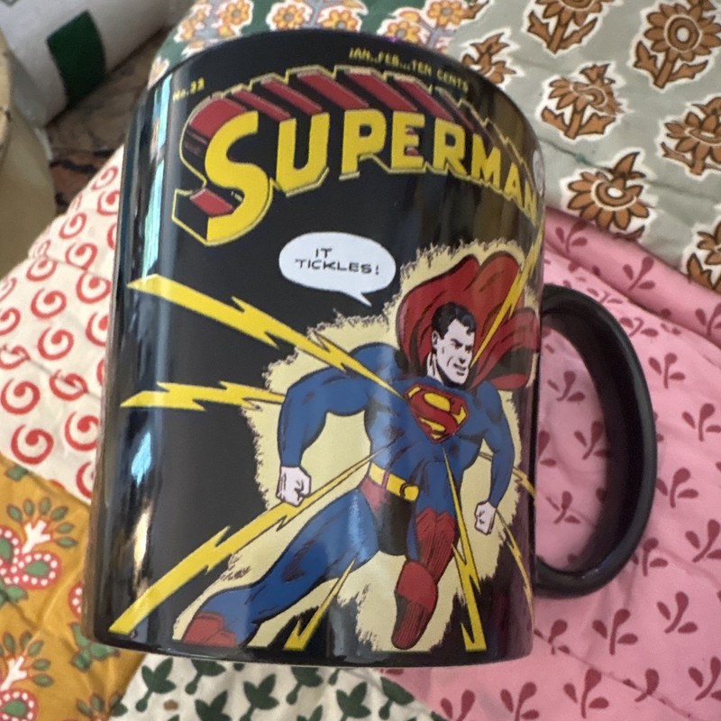 Superman Comic Art Black Ceramic Coffee Mug 11 fl oz With Handle "It Tickles!"