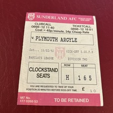 Ticket Stub Sunderland  V Plymouth 1991/92