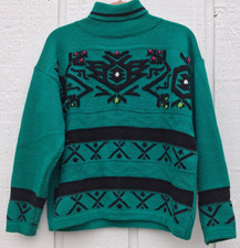Vintage Gitano Turquoise Turtleneck Sweater Small Abstract 90s Teal