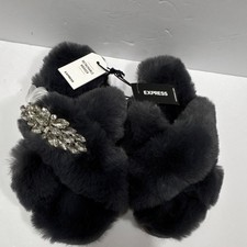 Express Faux Fur Slip-On Slippers Gray Women M Detachable Brooch Comfort