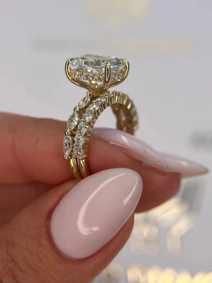 Radiant Cut Lab Created Diamond 14k Yellow Gold FN Engagement Bridal Ring Set - Image 3 of 4