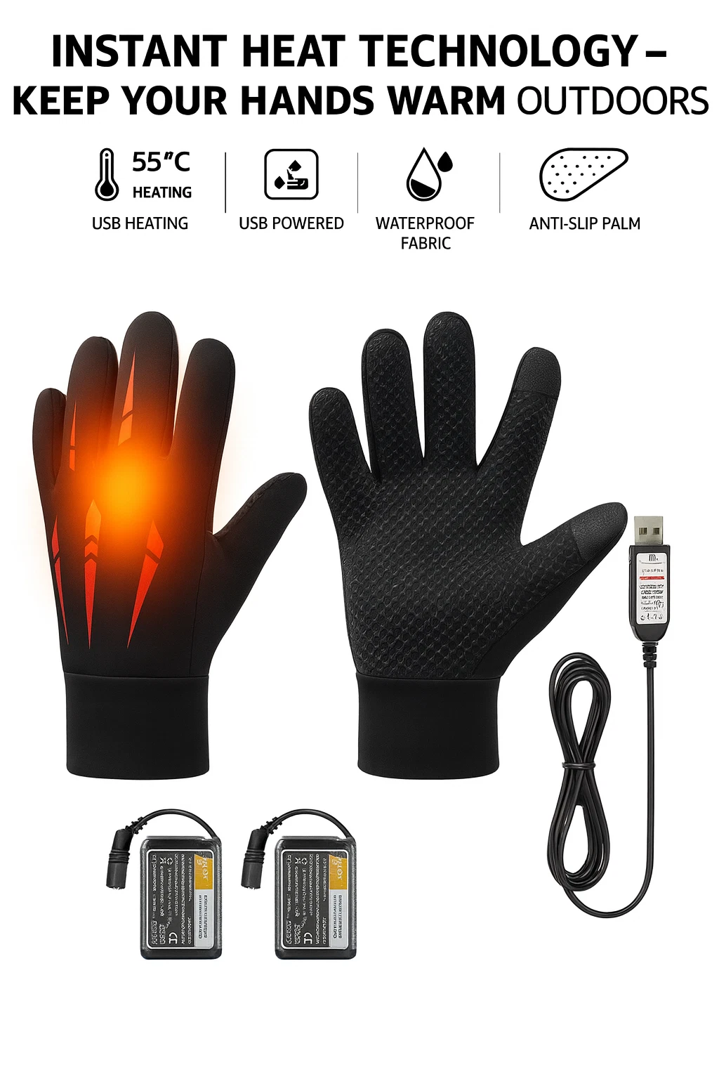 Heated Gloves USB Powered Rechargeable Battery Winter Warm Waterproof Touch