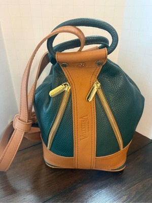 Valentina Italian Pebbled Leather Sling Bag Backpack Purse In Tan/Green