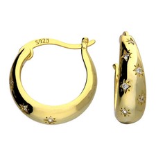 Creole Hoop Earrings Sterling Silver Gold-Plated Clear Stone Star