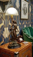 Figural lamp art deco maid gilt spelter early moulded shade C1930s Mahogany base
