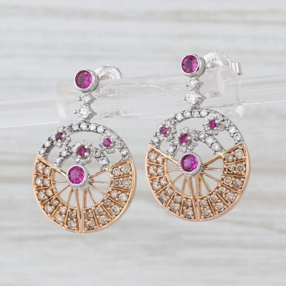 1.09ctw Diamond Ruby Circle Drop Earrings 18k Rose White Gold - Image 2 of 4