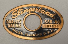 VINTAGE SLINGERLAND BLACK & GOLD OVAL DRUM BADGE W/SERIAL NUMBER - NILES IL