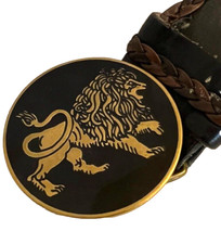 Brass-Black Enamel Lion Buckle W Leather Braid Trim Belt Size 38- 1980's