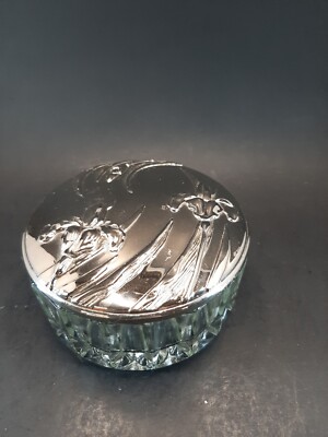 Powder Box Glass With Medal Lid Mirror Inside Lid flea bit chips on bottom C1 C4