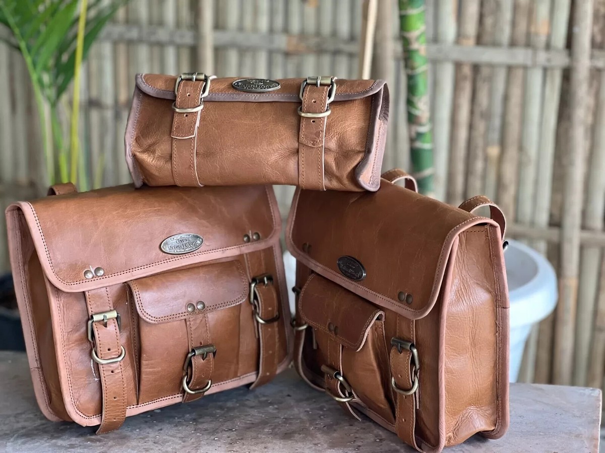 Cafe Racer Leather COMBO Motorcycle Saddle Bag Panniers Tool Pouch