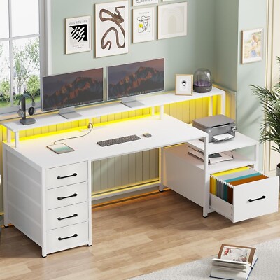 Computer Desk with 5 Drawer & Power Outlet 66'' Home Office Desk with Led Lights