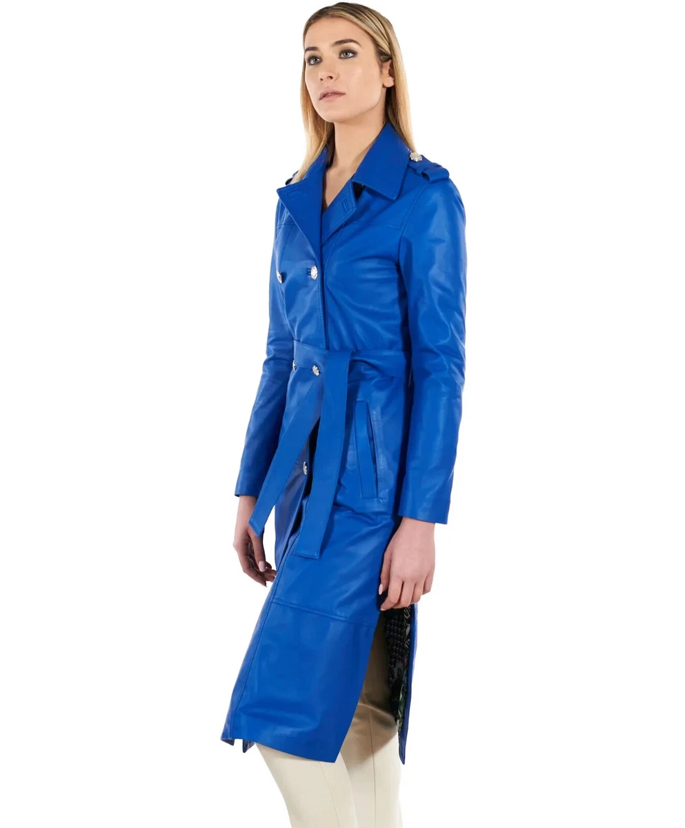 Blue leather trench best sale coat
