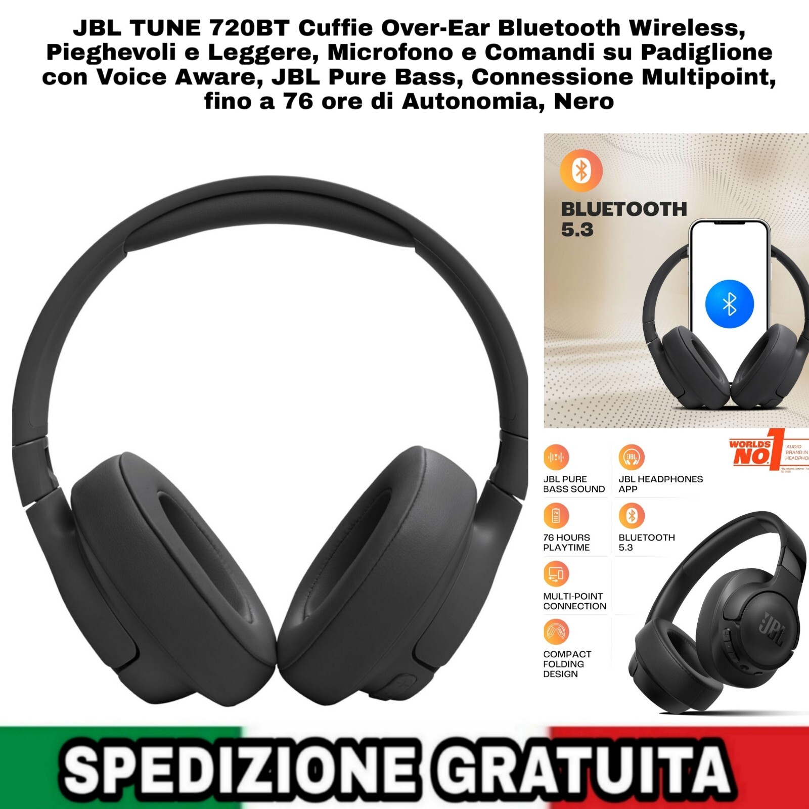 JBL TUNE 720BT Cuffie Over-Ear Bluetooth Wireless, Pieghevoli e Leggere, 