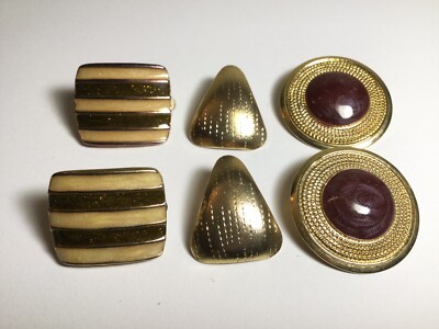 PRETTY VTG MIXED LOT OF 3 PAIRS OF GOLDTONE & ENAMEL CLIP-ON EARRINGS NICE 