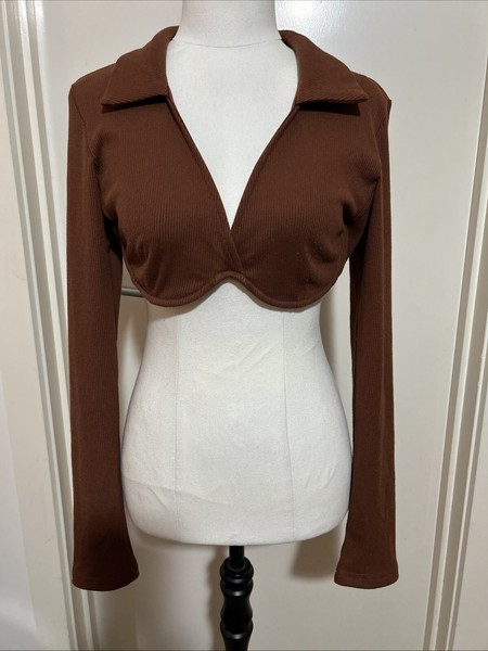 Princess Polly Top Womens Sz 12 Wired Bra Ribbed Cropped Long Sleeve Stretch EUC