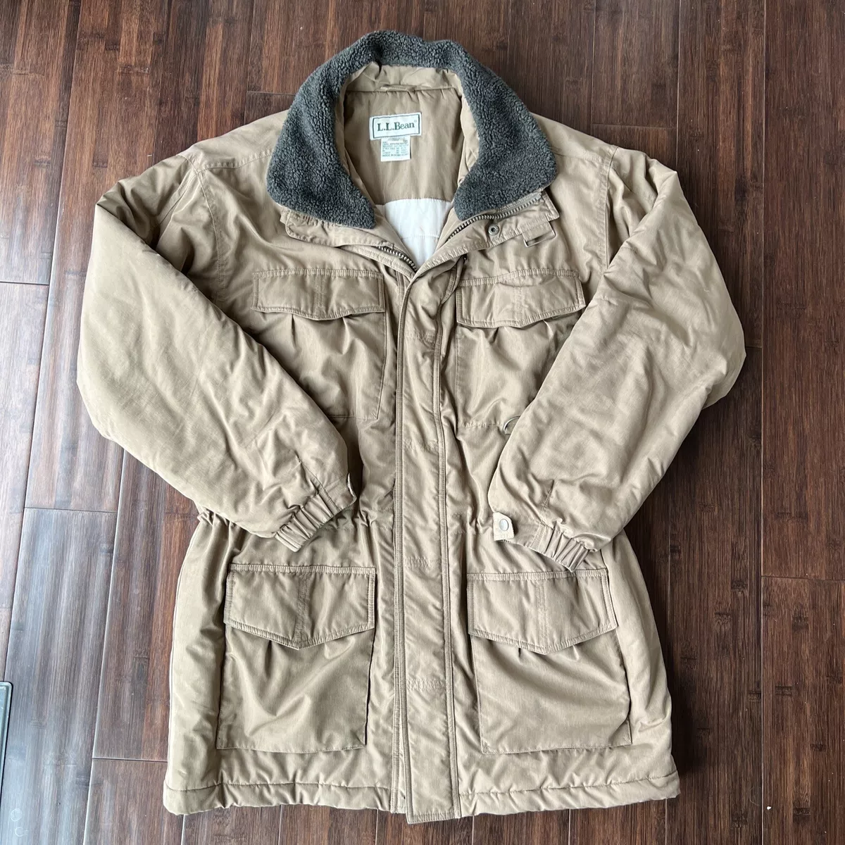 Vtg LL Bean Mens Tall Large Field Coat Utility Primaloft Lined Brown Hood Parka