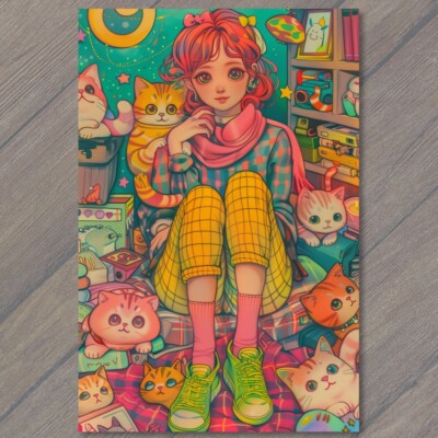 POSTCARD Girl Bedroom Cats Pink Red Young Animated Cute Kitty Young Crazy Lady