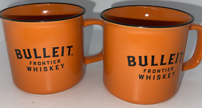 Limited Edition BULLEIT Frontier Whiskey Ceramic Coffee Mugs (2) Orange Black