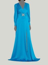  961 Rickie Freeman for Teri Jon Women Blue Satin Embellished Belted Dress Sz 6