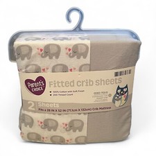Parents Choice Set of 2 Fitted Crib Sheets NEW White Cotton Elephants Hearts   