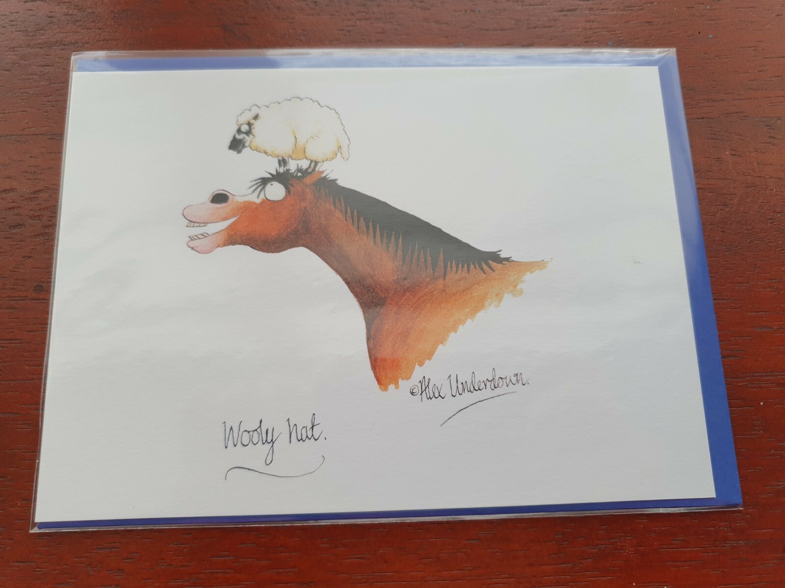 Alex Underdown Wooly hat BLANK greetings card Horse funny card horses sheep farm