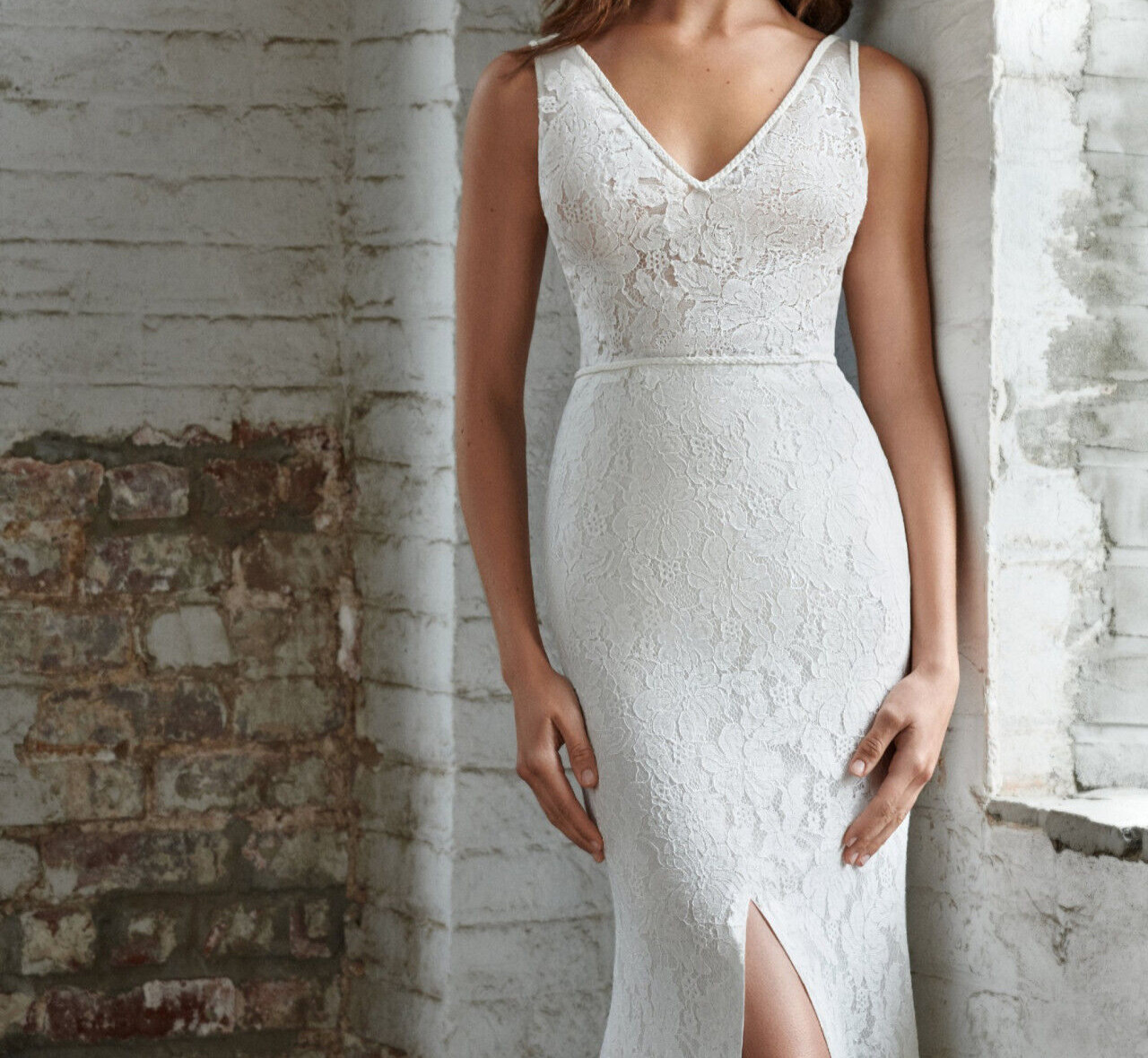 ti adora Allison Webb 7853 Fletcher Wedding Dress 10 Ivory Lace Slit V Neck