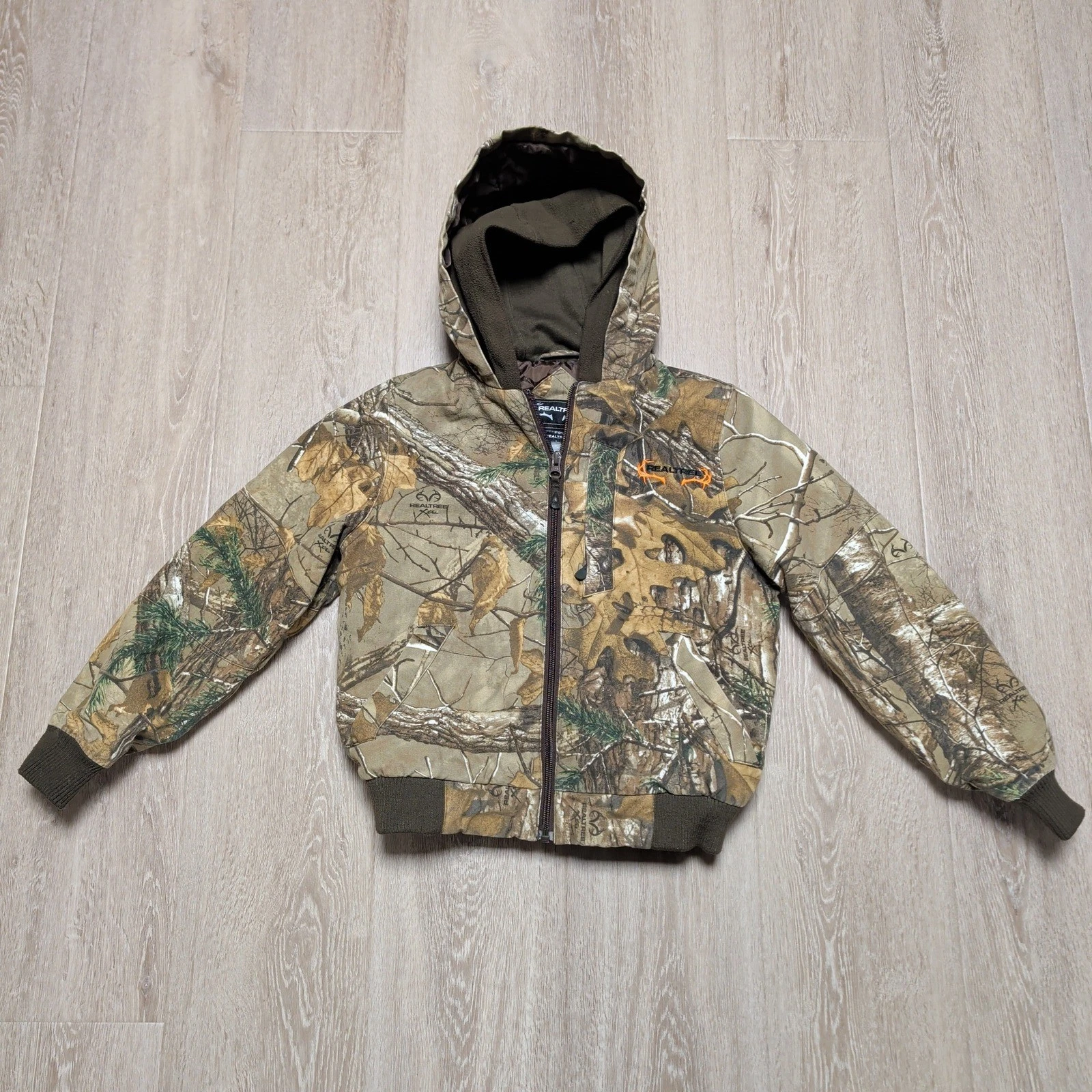 Realtree Xtra Camo Hooded Work Jacket Kids Youth M Brown Canvas Quilted Lined