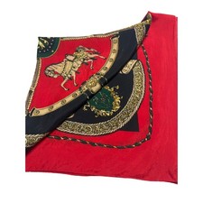 Vintage Silk 32' Square Scarf Women OS Red Equestrian Horse Crest Tassel Print