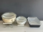 Vintage Pyrex Casserole Collection Empire Scroll & Black Gold w/ Lids Cradles 3