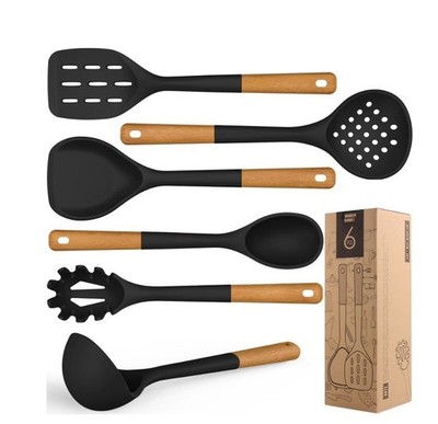 Large Silicone Cooking Utensils - Heat Resistant Kitchen Utensil Set with Wooden