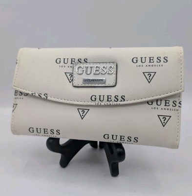 GUESS Los Angeles Monogram Trifold Wallet Clutch Cream Off-White Black Logo