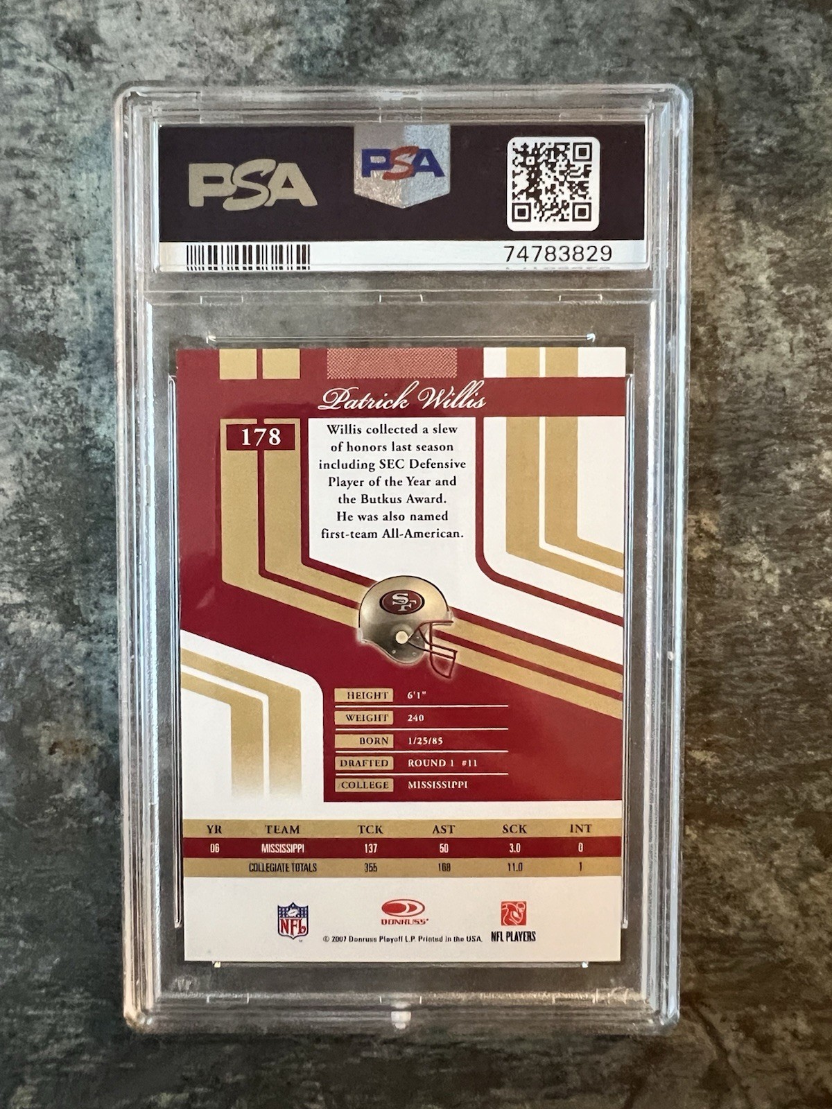 Donruss 2007 Elite Patrick Willis RC #178 49ers /599 Serial Numbered PSA 9 view 2