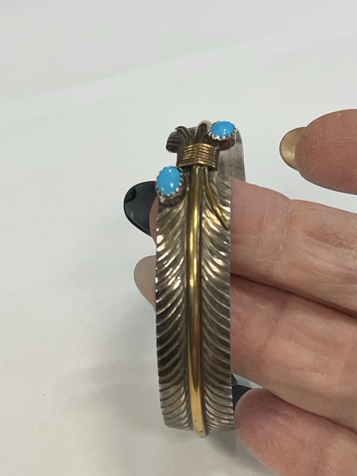 NATIVE AMERICAN SILVER FEATHER CUFF BRACELET SIGN… - image 2