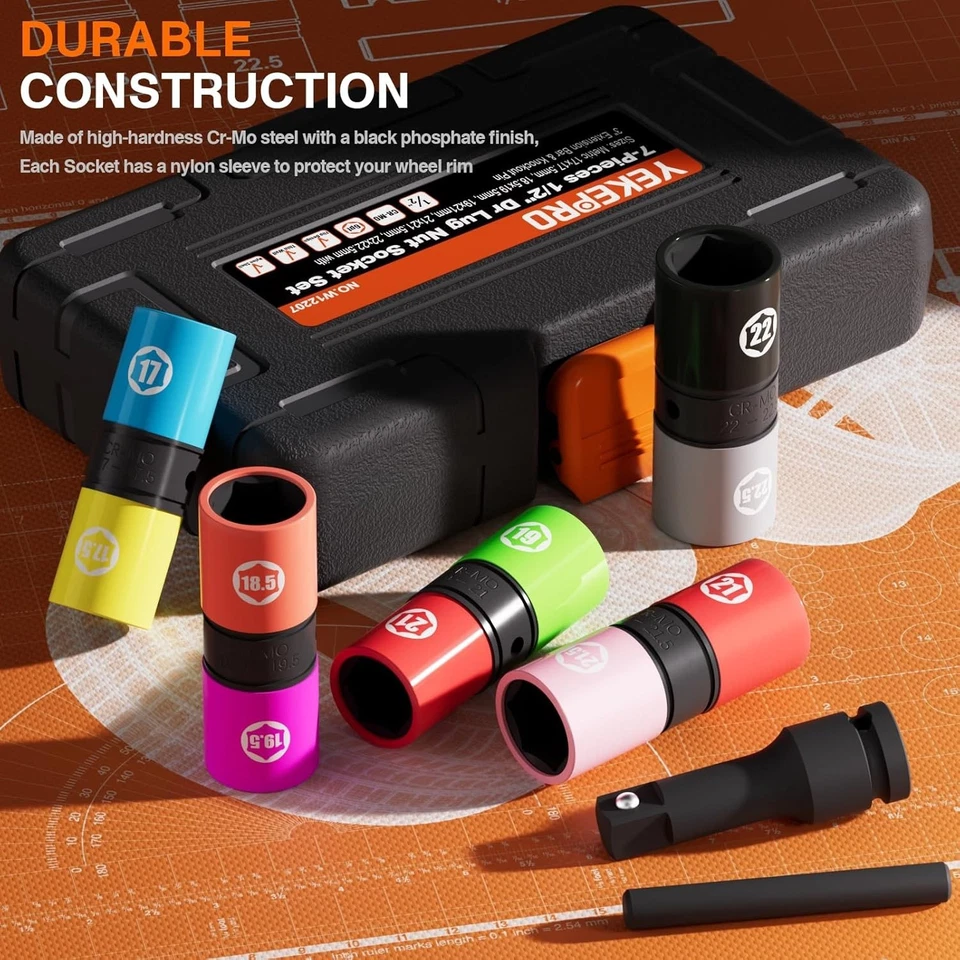 1/2 Inch Drive 7Pc Half Size Lug Nut Flip Socket Set Wheel Protector Impact Deep - Image 3 of 4