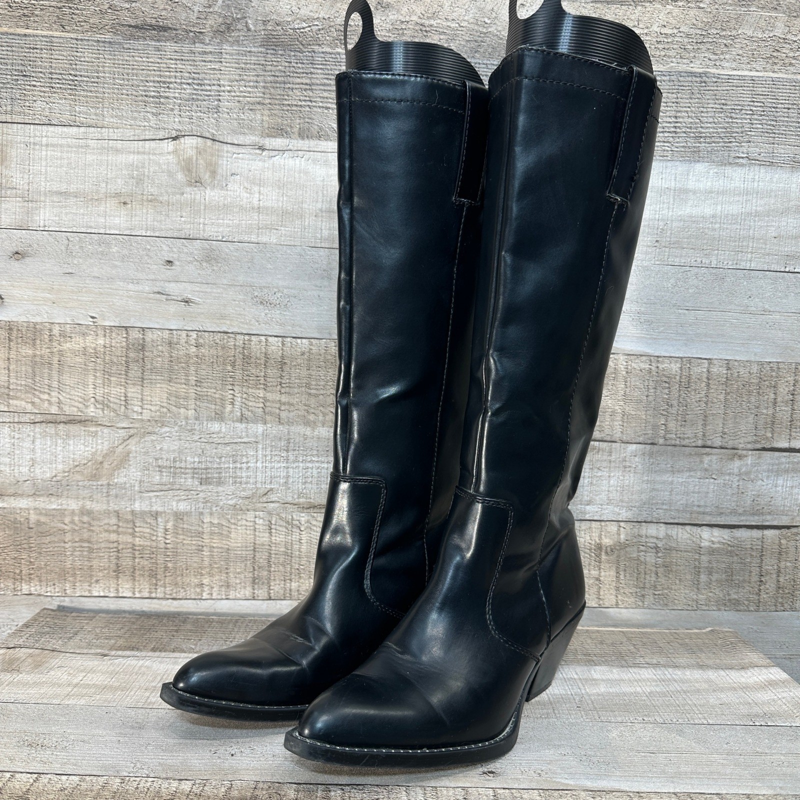 Womens Black Faux Leather Knee High Western Cowboy Boots Block Heel Pointed Toe