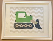 Framed Green, White And Dark Blue Bulldozer Boys Nursery 16x20 Wall Art