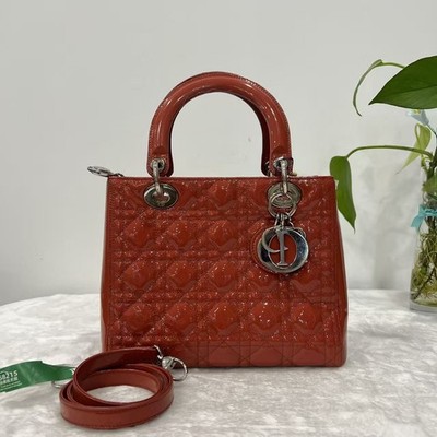 Christian Dior Lady Dior Medium Red Patent Leather 2Way Hand Shoulder Bag Auth